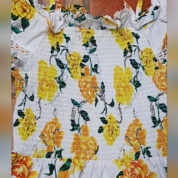 River Island Rose Print Sundress Puff Sleeve Cotton 12yrs 50's Ruched. - Picture 7 of 9